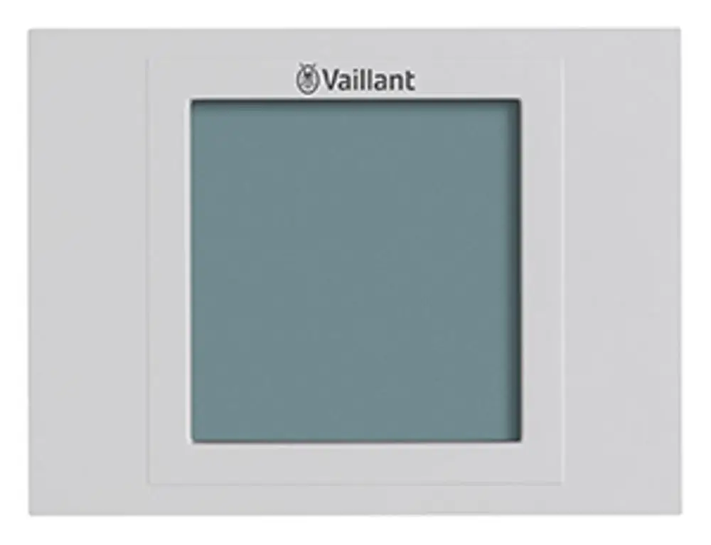 Bedieneinheit in weißer Farbgestaltung, mit einem zentralen, grauen Bildschirm und der Markierung "Vaillant" oben. Einsatz für CO2-Überwachung in Belüftungssystemen.